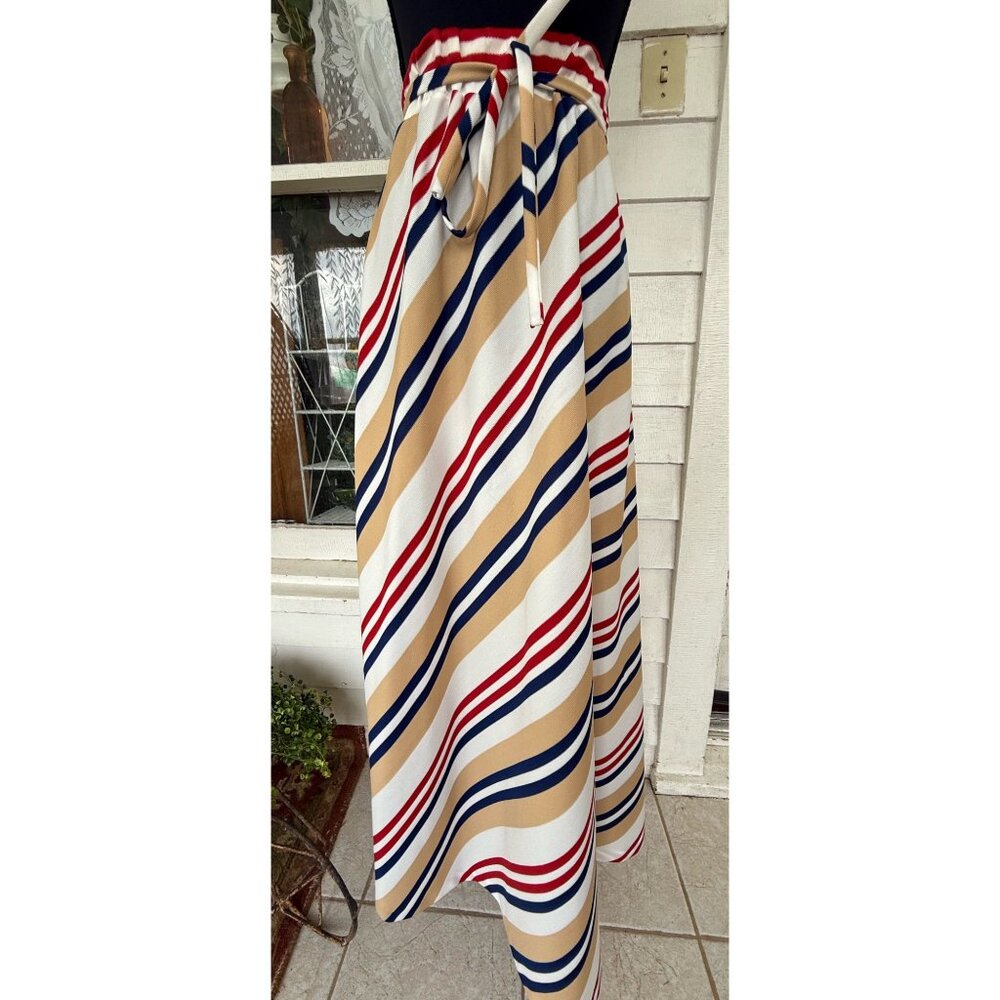 Vintage 70's Stripe MOD Maxi Skirt Chevron Stripe Blue Tan Red Size S-M - Picture 4 of 11